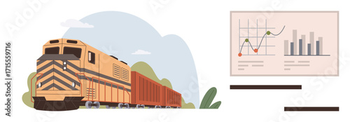 Freight train moving with cargo containers on rural track, accompanied by data charts showing growth trends. Ideal for transport, logistics, supply chain, growth, efficiency, data analysis, simple