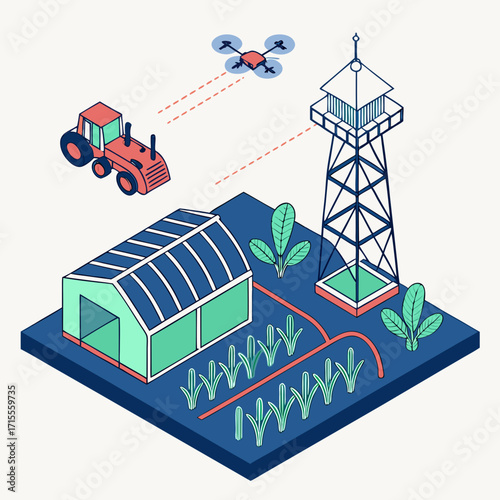 Modern farm technology featuring a drone tractor greenhouse and communication tower illustrating smart agriculture and precision farming concepts