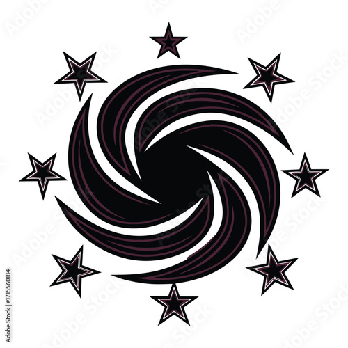 Abstract swirling galaxy emblem with surrounding stars for sports teams or clubs soccer crest