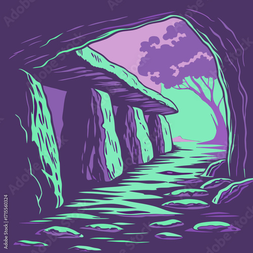 Stylized illustration of a prehistoric dolmen structure with large standing stones and a capstone viewed from inside a cave entrance with a tree visible in the background