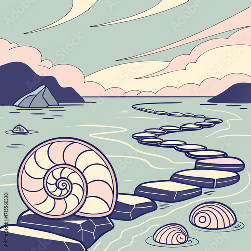 Stylized illustration of a winding path of stepping stones leading across calm water towards distant islands with a large nautilus shell in the foreground