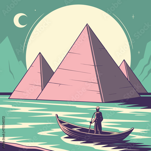 Stylized illustration of ancient egyptian pyramids at dusk with a lone figure rowing a boat on the nile river under a crescent moon and large sun