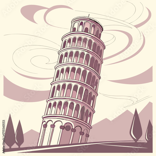 Stylized illustration of the leaning tower of pisa with a unique artistic interpretation of clouds and landscape in muted tones
