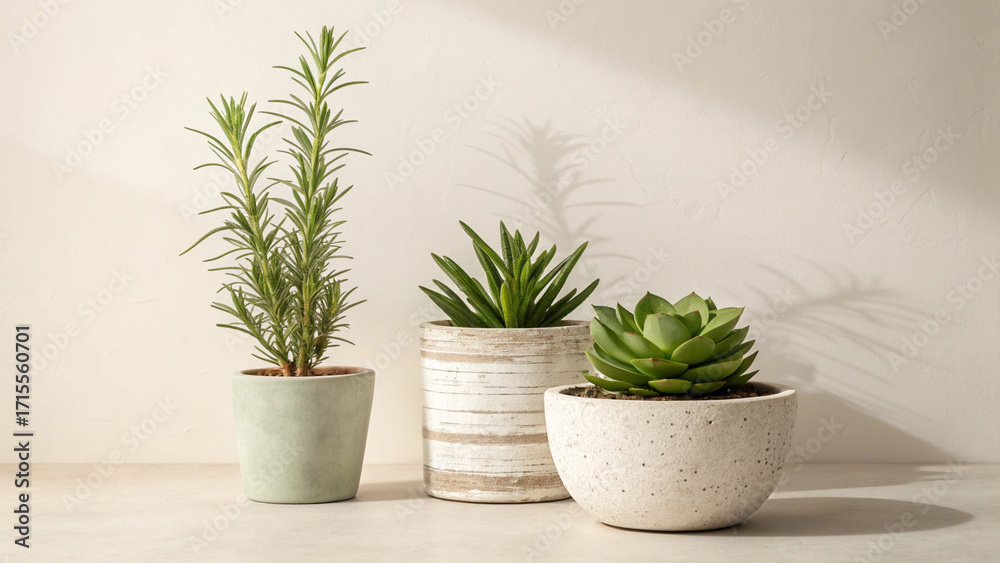 Fototapeta premium Three potted succulent plants on a light colored surface with soft shadows