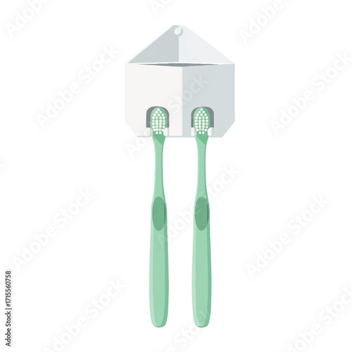 Close-up of two green toothbrushes in a modern white holder on a plain background.