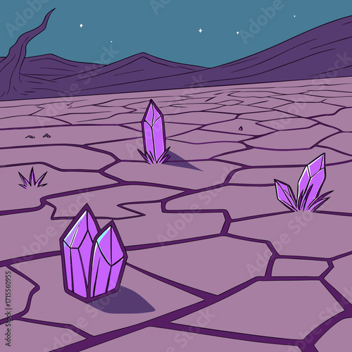 Surreal alien landscape featuring glowing purple crystals emerging from cracked dry earth under a starry night sky with purple mountains