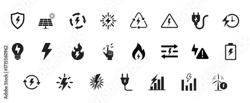 Electricity and energy icon set. Vector glyph pictograms of lightning bolt, battery, plug, solar panel, wind turbine, power, renewable energy, electrical safety black silhouette. vector eps file.
