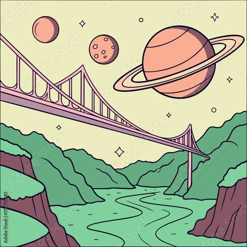 Surreal dreamscape featuring a pink suspension bridge spanning a winding river between green hills under a pastel sky with planets and stars