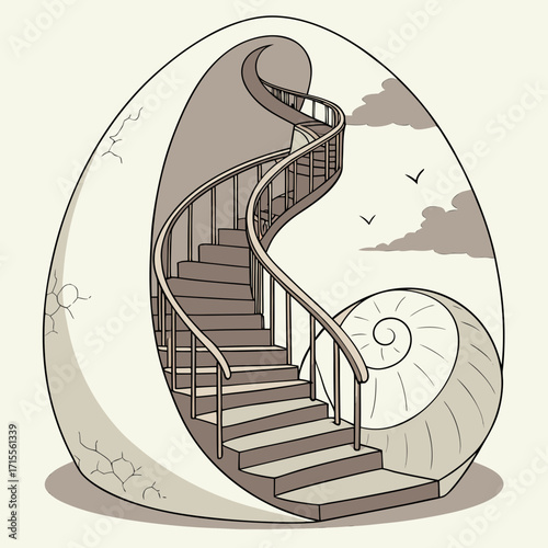 Surreal spiral staircase ascends within a cracked eggshell revealing a swirling nautilus shell and cloudy sky with birds