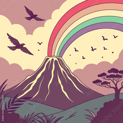 Surreal volcanic eruption spewing a vibrant rainbow into the sky above a serene landscape with birds flying