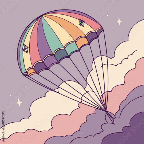 Whimsical hot air balloon with pastel colored panels floats serenely through a dreamy sky filled with soft clouds and twinkling stars