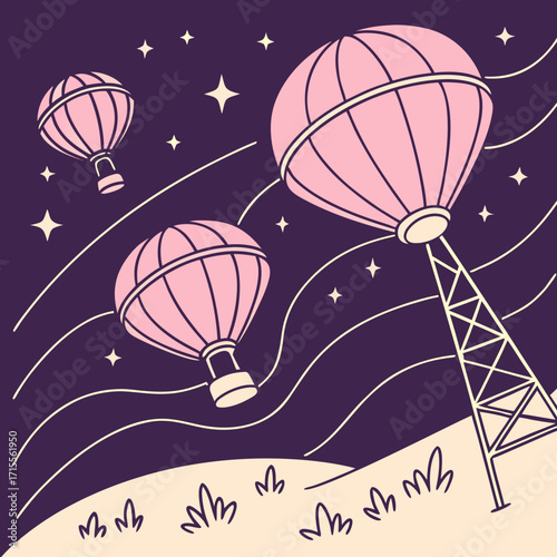 Whimsical hot air balloons float serenely through a starry night sky above a gentle landscape with a tall tower structure
