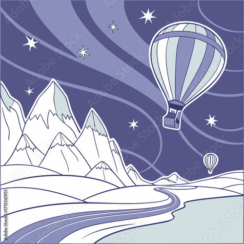 Whimsical illustration of a hot air balloon floating serenely over snow capped mountains under a starry night sky with swirling clouds and a winding river below