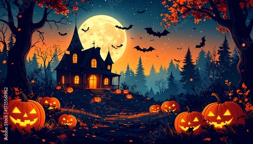 Spooky Halloween Night Scene with Haunted House and Jack Olanterns.