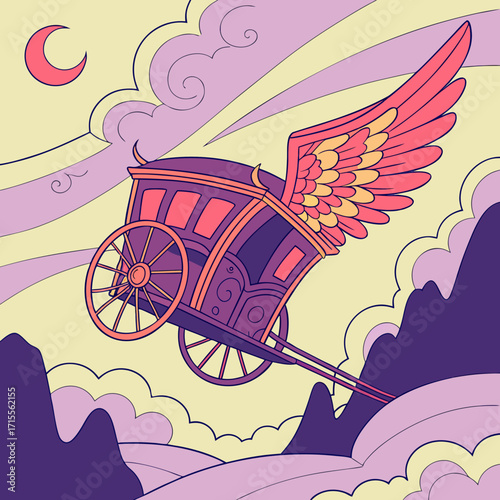 Whimsical winged carriage floats serenely through a dreamlike sky with a crescent moon and stylized clouds above rolling hills