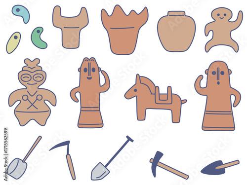 土器やはにわ、発掘道具のイラストセット