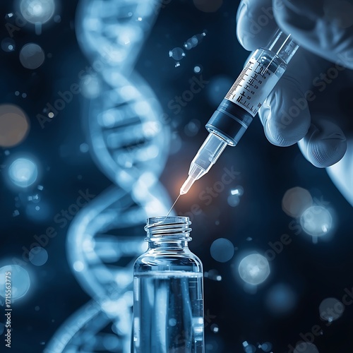mRNA vaccine injection concept featuring DNA strand, syringe, and medicine vial, representing medical advancements
