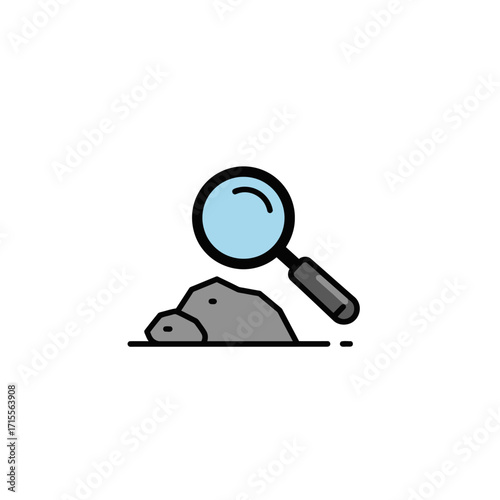 Icon vector symbol of mining exploration with a magnifying glass and a pile of rocks. Vector Icon mining (63)