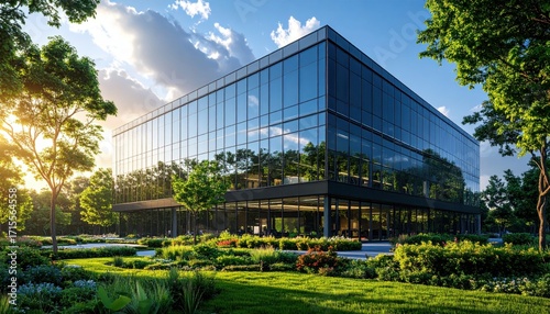 A modern office building stands tall amidst well-maintained landscaping, bathed in the warm light of a beautiful sunrise or sunset.