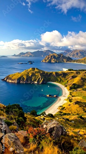 A breathtaking panorama of a secluded bay nestled between verdant hills and a vibrant azure ocean, showcasing a tranquil and picturesque coastal landscape.