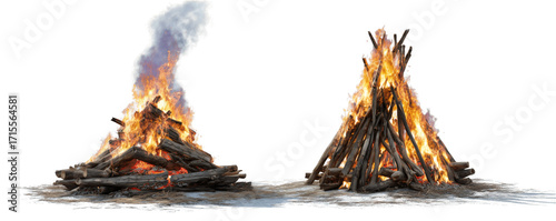 Two campfires burning with glowing flames and smoke on white and transparent background, concept for outdoor adventure, survival skills and cultural celebration