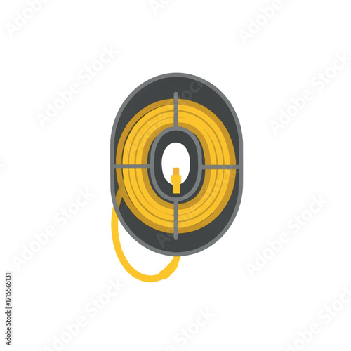 Yellow cable neatly wound on a black spool with a plain white background.
