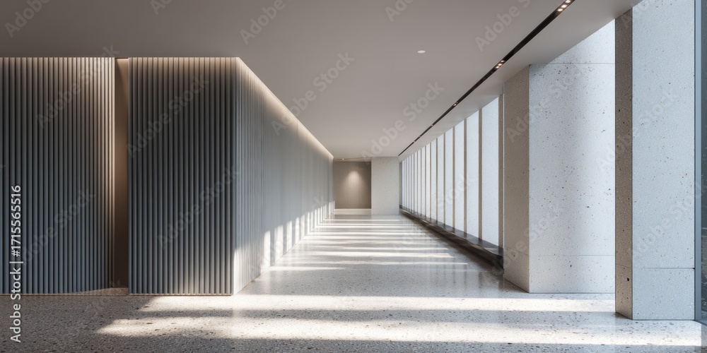 Fototapeta premium A modern, minimalist hallway with light-gray walls and a polished concrete floor, bathed in natural light.