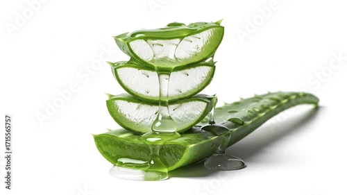 A macro shot captures fresh, clear gel dripping down a stack of sliced green succulent leaves. This visual evokes natural healing, skincare, wellness, and pure moisturizing ingredients, ideal for cosm