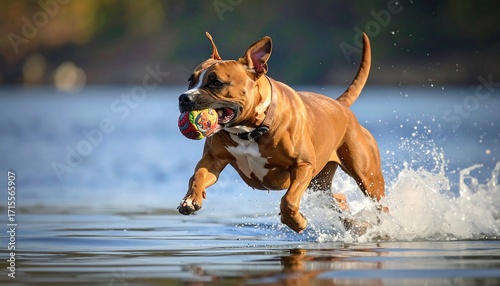 A spirited dog, a vibrant ball, and splashing water capture a joyful moment of play in a serene body of water.