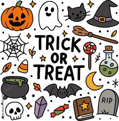 Halloween_colorHand-drawn Halloween elements with trick or treat lettering and spooky icons, perfect for seasonal greeting cards, poster

