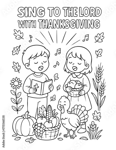 thanksgiving christian coloring page with children singing bible in hand turkey pumpkins harvest basket and scripture sing to the lord with thanksgiving for sunday school worship and devotion