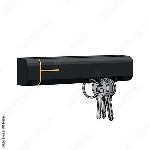 A sleek black key holder with a yellow line and four silver keys attached, against a clean white background.