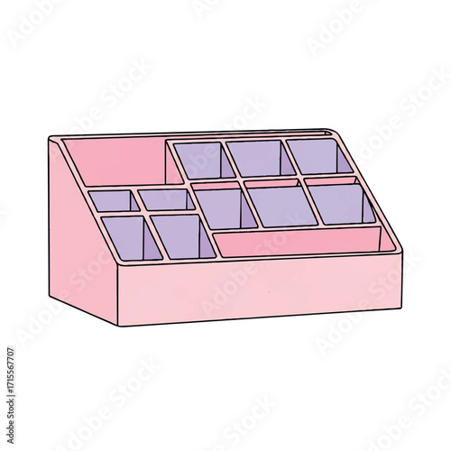 Isometric illustration of a pink desk organizer with multiple compartments on a white background.