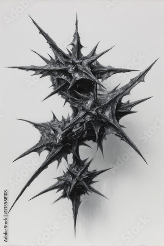Abstract, thorny, sculptural form.  Intricate, dark gray spikes and textured shapes