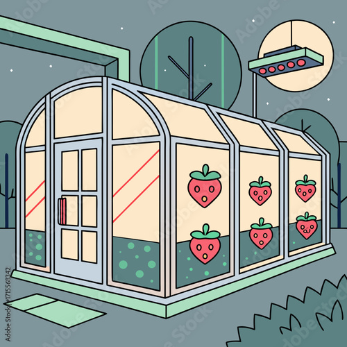 Illustration of a greenhouse with strawberries growing inside under artificial light, showcasing modern agriculture and technology in a controlled environment for crop production