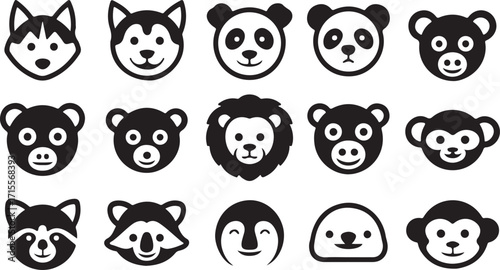Minimalist Animal Face Icon Set Vector  15 Cute Animal Faces with Bold Outlines