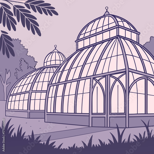 Illustration of two victorianstyle greenhouses with arched glass roofs, surrounded by lush foliage and trees, creating a serene and picturesque garden scene