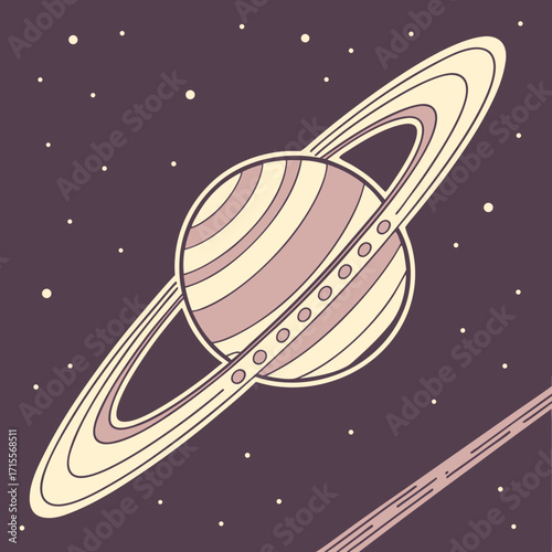 Illustration of saturn with rings in a purple sky with stars, a celestial body in the solar system, a planet in space, and a cosmic object in the universe