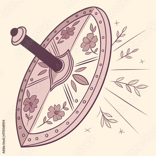 Vector art of a charming illustration of a shield adorned with blossoming flowers and shimmering stars, conveying a sense of security, grace, and wonder in a delightful and enchanting style