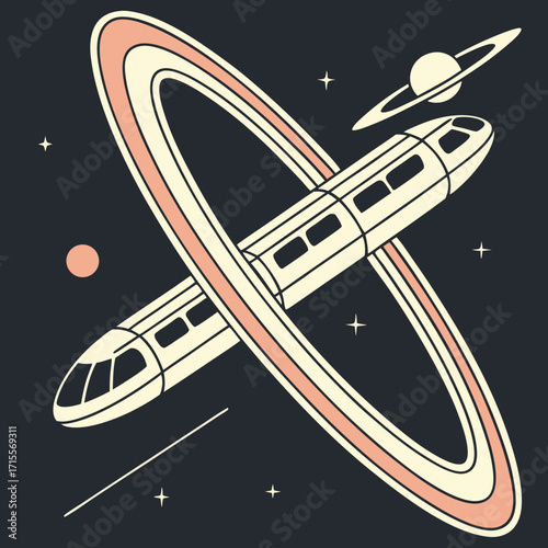 Vector art of a futuristic space train vector illustration orbiting a ringed planet against a dark cosmic backdrop a whimsical blend of transportation and interstellar travel