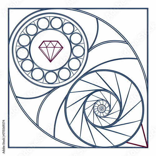 Vector art of a geometric design featuring a nautilus shell spiral and a diamond, , embodying the golden ratio and fibonacci sequence in a square frame