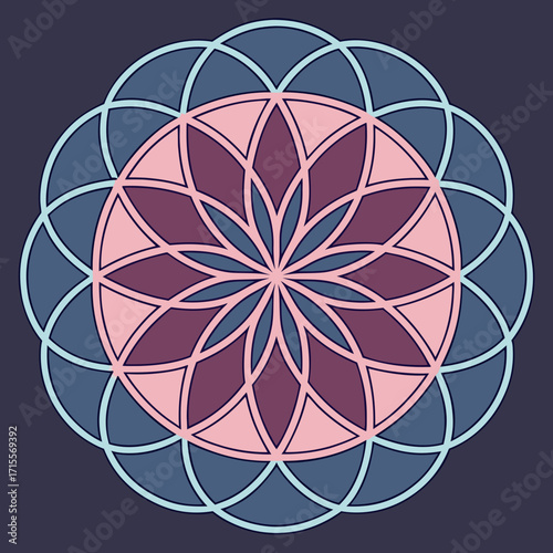 Vector art of a geometric flower of life pattern in pink, purple, and blue on a dark blue background creates a visually appealing and harmonious design with a sense of balance and unity
