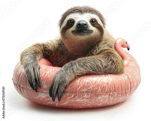 A sloth relaxing in a flamingo pool float