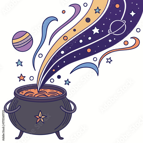 Vector art of a magical cauldron is brewing a cosmic potion, with stars, planets, and swirling energy emerging from it, a whimsical and enchanting illustration