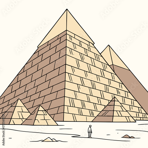 Vector art of a lone figure gazes up at the majestic pyramids of giza, their ancient stones whispering tales of pharaohs and dynasties, a timeless scene of wonder and awe