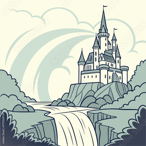 Vector art of a majestic castle perched atop a rocky cliff, overlooking a cascading waterfall and lush trees, evokes a sense of fairytale grandeur and timeless beauty in the landscape