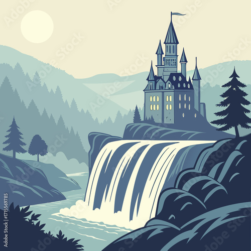 Vector art of a majestic castle sits atop a cliff overlooking a cascading waterfall, surrounded by lush forests and rolling hills, bathed in the soft glow of the sun, creating a serene landscape