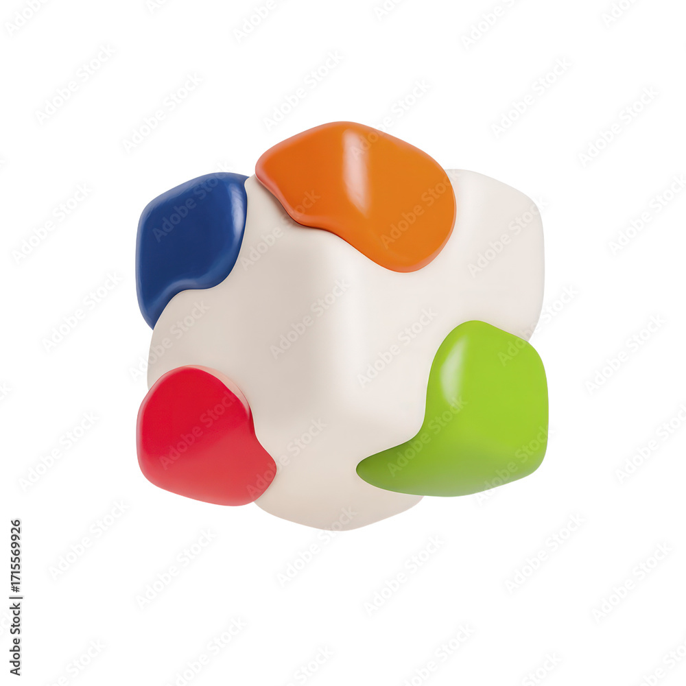 Fototapeta premium A white cube with rounded colored blobs in blue red orange and green attached