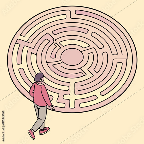 Vector art of a person standing before a circular labyrinth, contemplating the challenges and choices ahead, symbolizing problemsolving, decisionmaking, and the journey of life