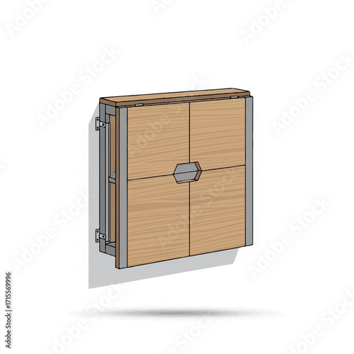 Isometric view of a wooden cabinet with metal frame and handle on a white background.